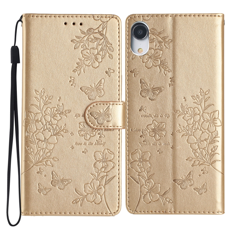 

For iPhone XR Butterflies and Flowers Leather Phone Case(Gold)