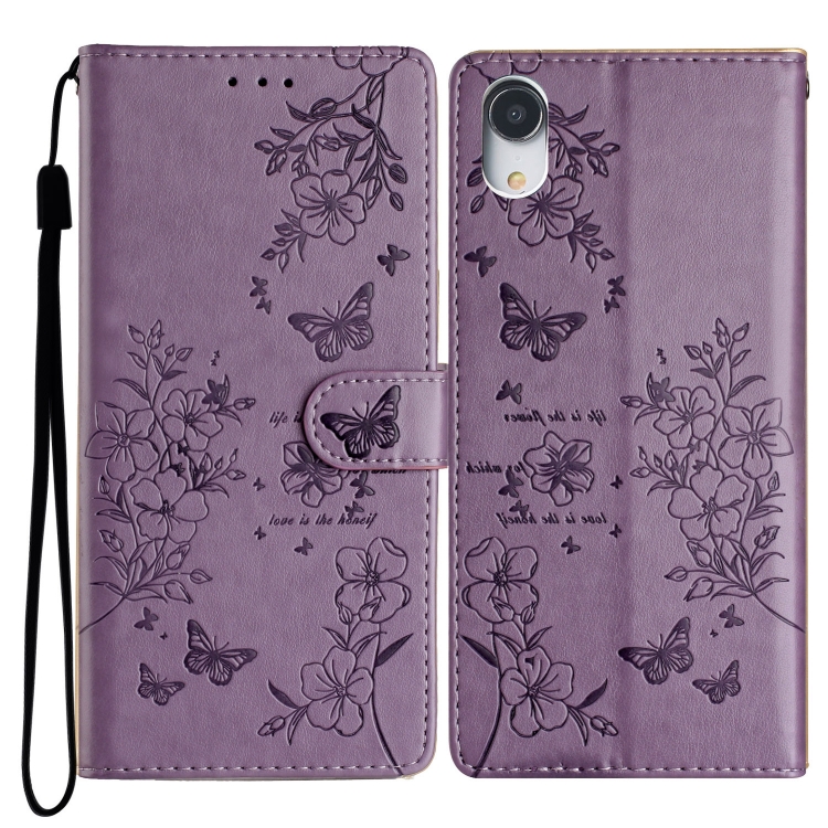 

For iPhone XR Butterflies and Flowers Leather Phone Case(Purple)