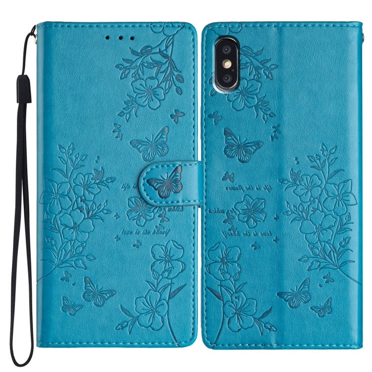 

For iPhone XS Max Butterflies and Flowers Leather Phone Case(Blue)