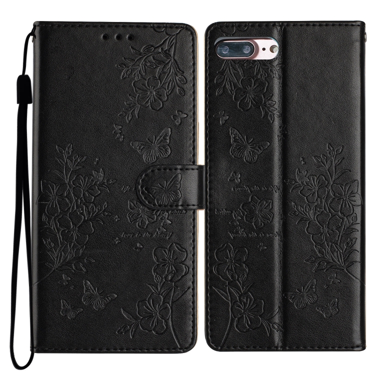 

For iPhone 8 Plus / 7 Plus Butterflies and Flowers Leather Phone Case(Black)