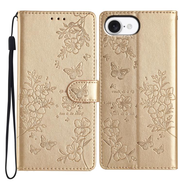 

For iPhone 16e Butterflies and Flowers Leather Phone Case(Gold)