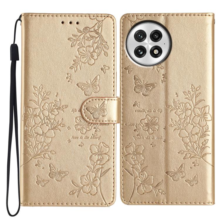

For OnePlus 13 Butterflies and Flowers Leather Phone Case(Gold)