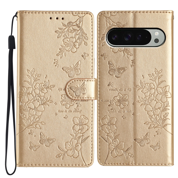 

For Google Pixel 9 Pro XL Butterflies and Flowers Leather Phone Case(Gold)