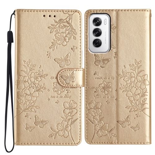 

For OPPO Reno12 Pro 5G Global Butterflies and Flowers Leather Phone Case(Gold)