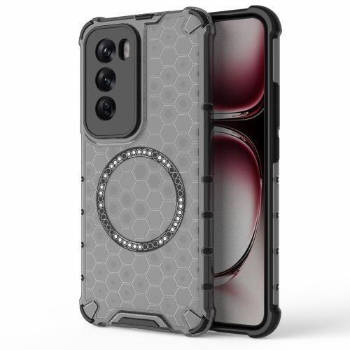 

For OPPO Reno12 Pro Global Honeycomb Magnetic Ring Shockproof Phone Case(Black)