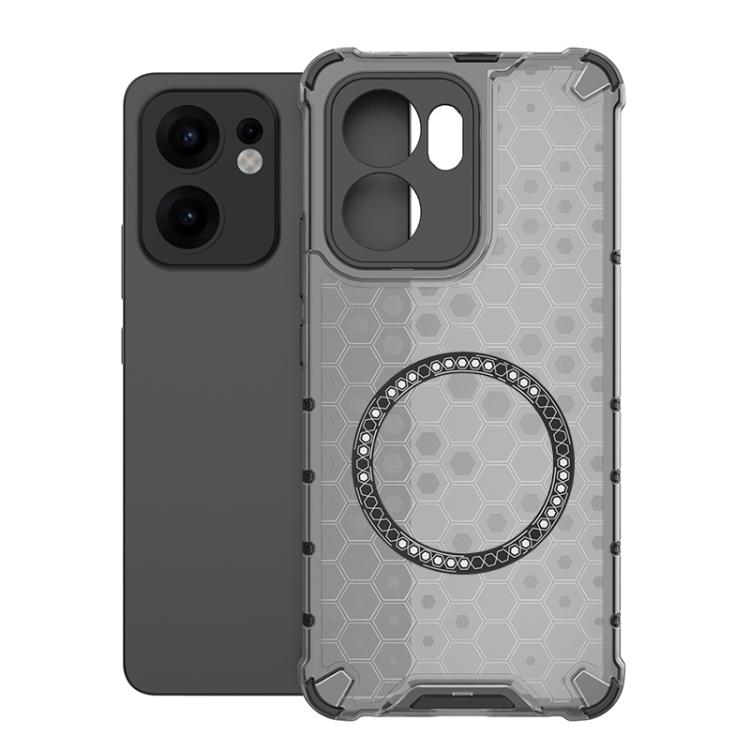 

For OPPO Reno13 F 5G Global Honeycomb Magnetic Ring Shockproof Phone Case(Black)