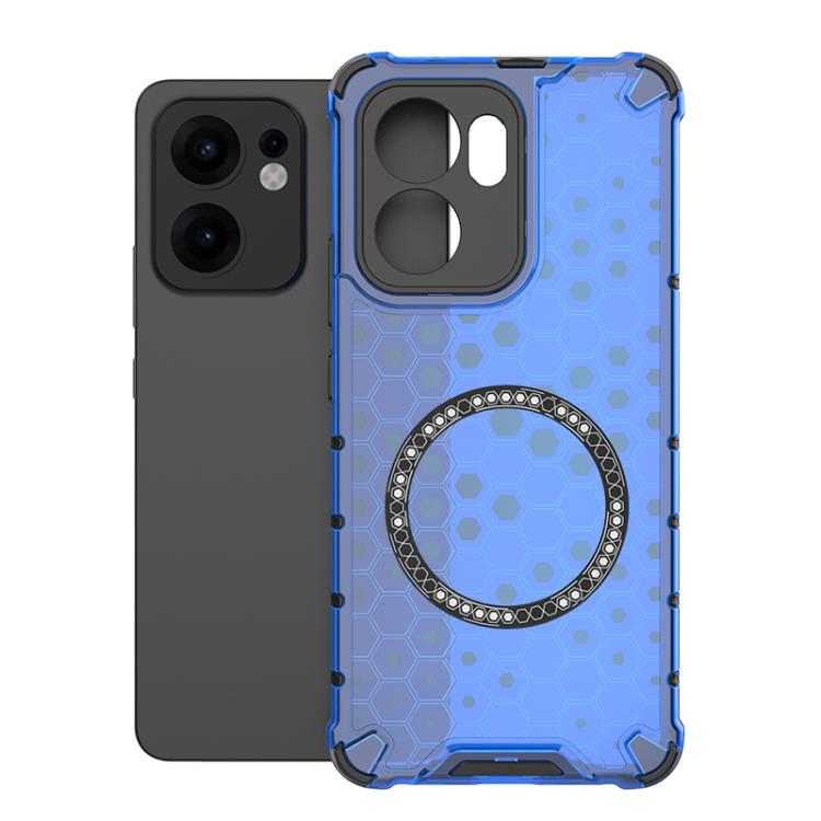 

For OPPO Reno13 F 5G Global Honeycomb Magnetic Ring Shockproof Phone Case(Blue)
