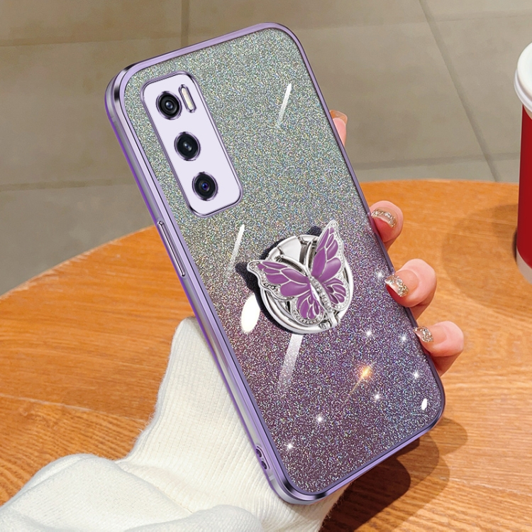 For vivo V20 SE Plated Gradient Glitter Butterfly Holder TPU Phone