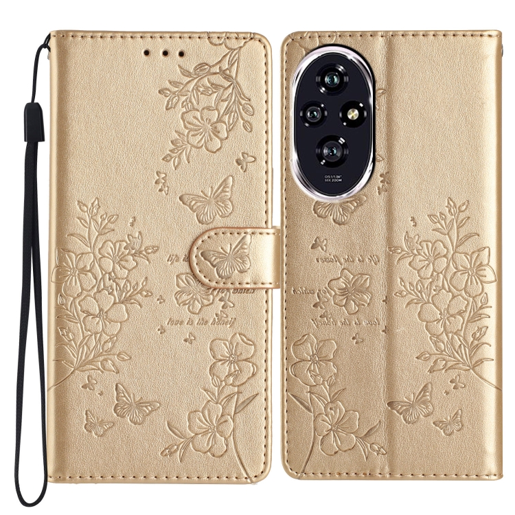 

For Honor 200 Butterflies And Flowers Leather Phone Case(Gold)