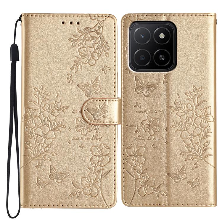 

For Honor X6c 4G Butterflies And Flowers Leather Phone Case(Gold)