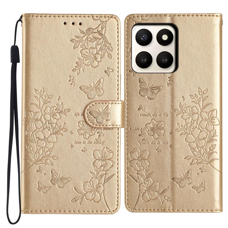 

For Honor X7d 5G Butterflies And Flowers Leather Phone Case(Gold)