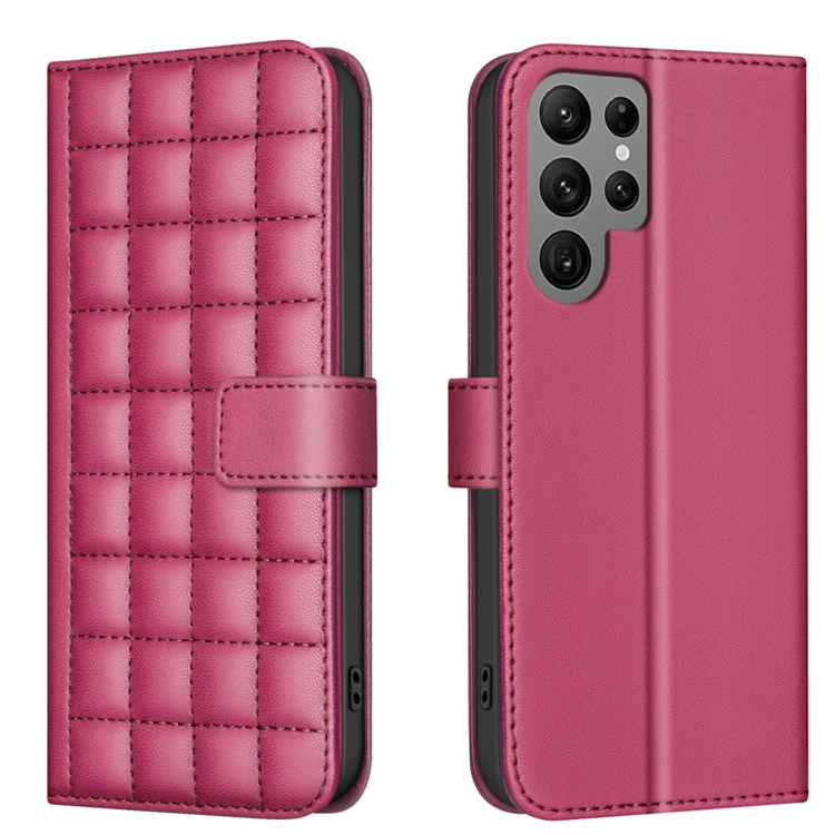 

For Samsung Galaxy S22 Ultra 5G Square Texture Leather Phone Case(Red)