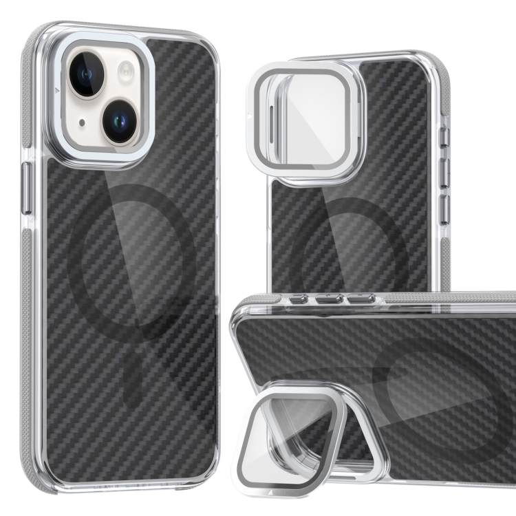 

For iPhone 13 / 14 Magsafe Dual-Color Carbon Fiber Lens Film Phone Case with Lens Fold Holder(Gray)