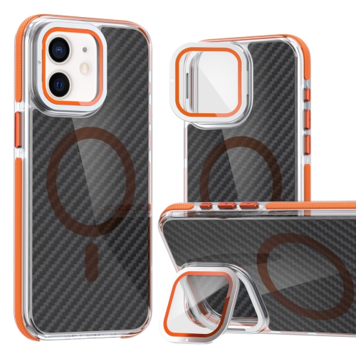 

For iPhone 11 Magsafe Dual-Color Carbon Fiber Lens Film Phone Case with Lens Fold Holder(Orange)