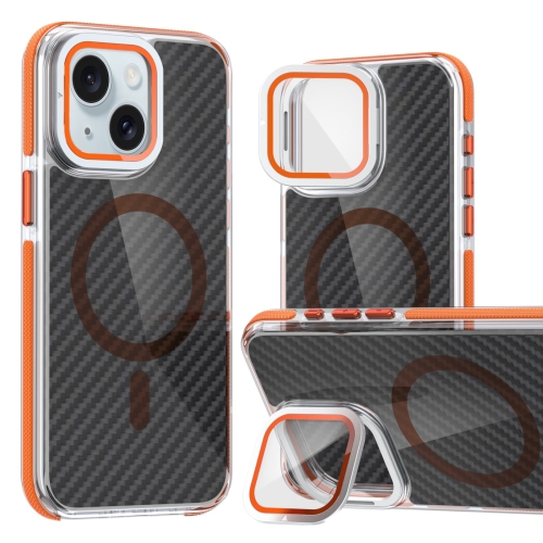 

For iPhone 15 Magsafe Dual-Color Carbon Fiber Lens Film Phone Case with Lens Fold Holder(Orange)