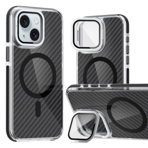 

For iPhone 15 Plus Magsafe Dual-Color Carbon Fiber Lens Film Phone Case with Lens Fold Holder(Black)