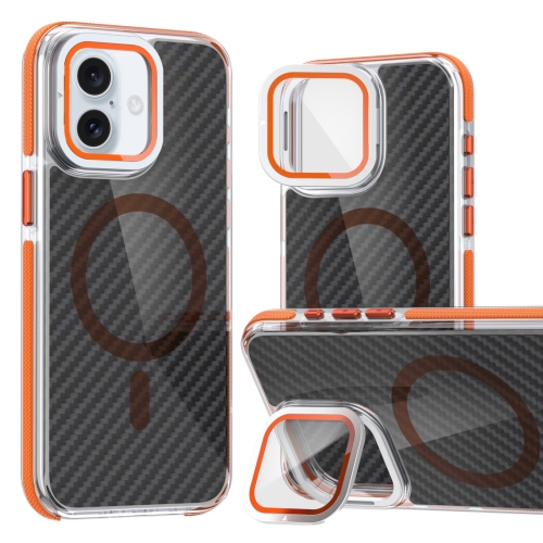 

For iPhone 16 Plus Magsafe Dual-Color Carbon Fiber Lens Film Phone Case with Lens Fold Holder(Orange)