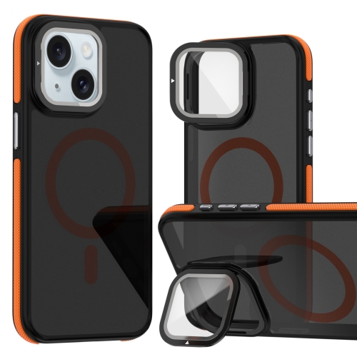 

For iPhone 15 Plus Magsafe Dual-Color Skin Feel Lens Film Phone Case with Lens Fold Holder(Orange)