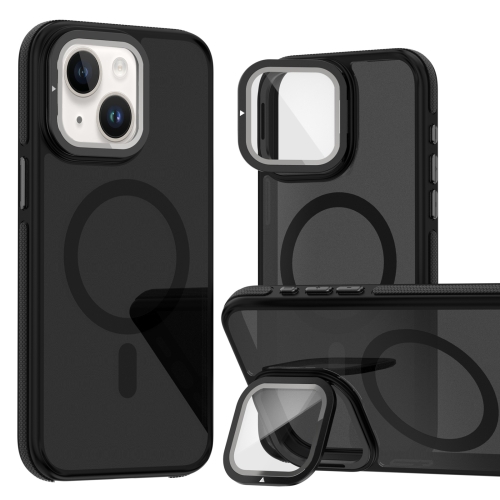 

For iPhone 14 Plus Magsafe Dual-Color Skin Feel Lens Film Phone Case with Lens Fold Holder(Black)