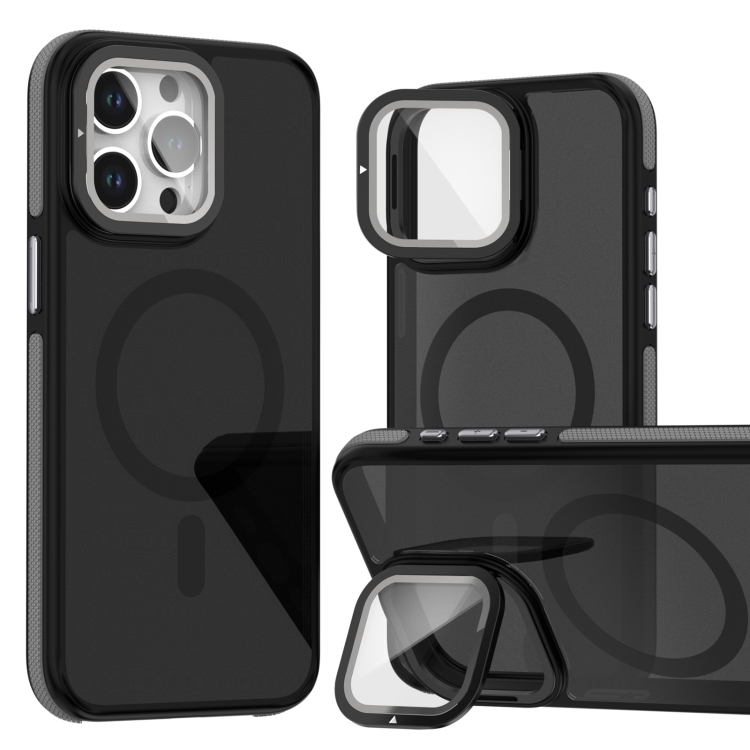 

For iPhone 13 Pro Max Magsafe Dual-Color Skin Feel Lens Film Phone Case with Lens Fold Holder(Gray)