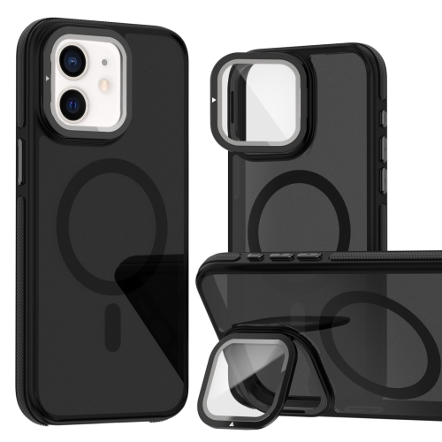 

For iPhone 12 Pro / 12 Magsafe Dual-Color Skin Feel Lens Film Phone Case with Lens Fold Holder(Black)