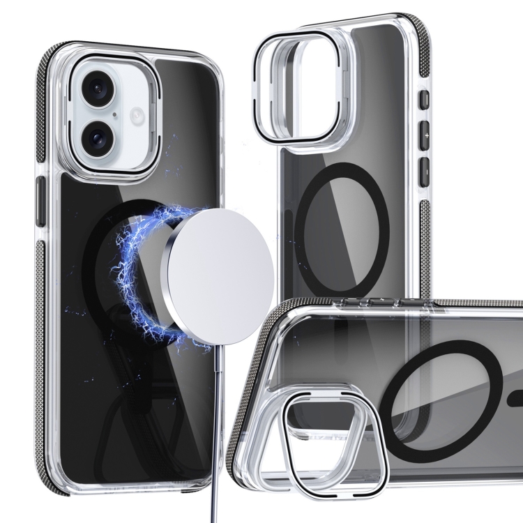 

For iPhone 16 Magsafe Dual-Color Transparent Black Lens Holder Phone Case(Black)