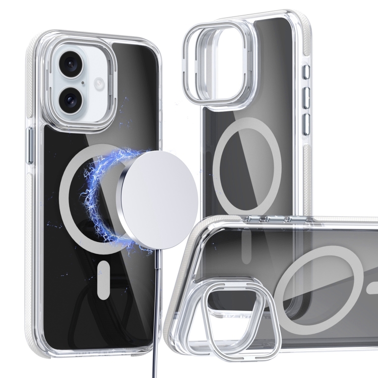 

For iPhone 16 Magsafe Dual-Color Transparent Black Lens Holder Phone Case(White)