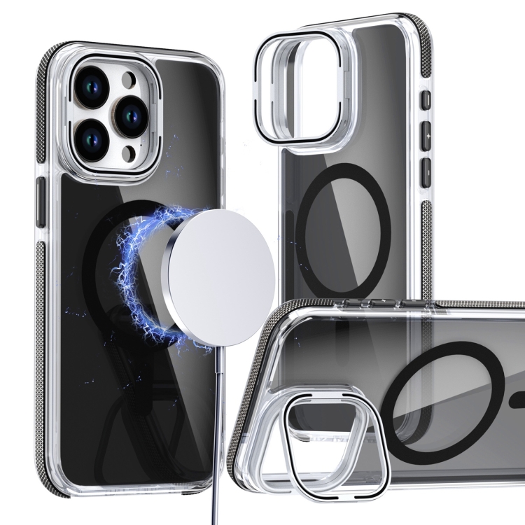 

For iPhone 15 Pro Max Magsafe Dual-Color Transparent Black Lens Holder Phone Case(Black)