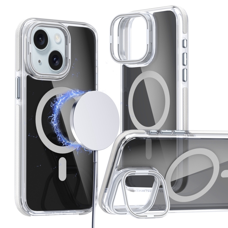 

For iPhone 15 Plus Magsafe Dual-Color Transparent Black Lens Holder Phone Case(White)