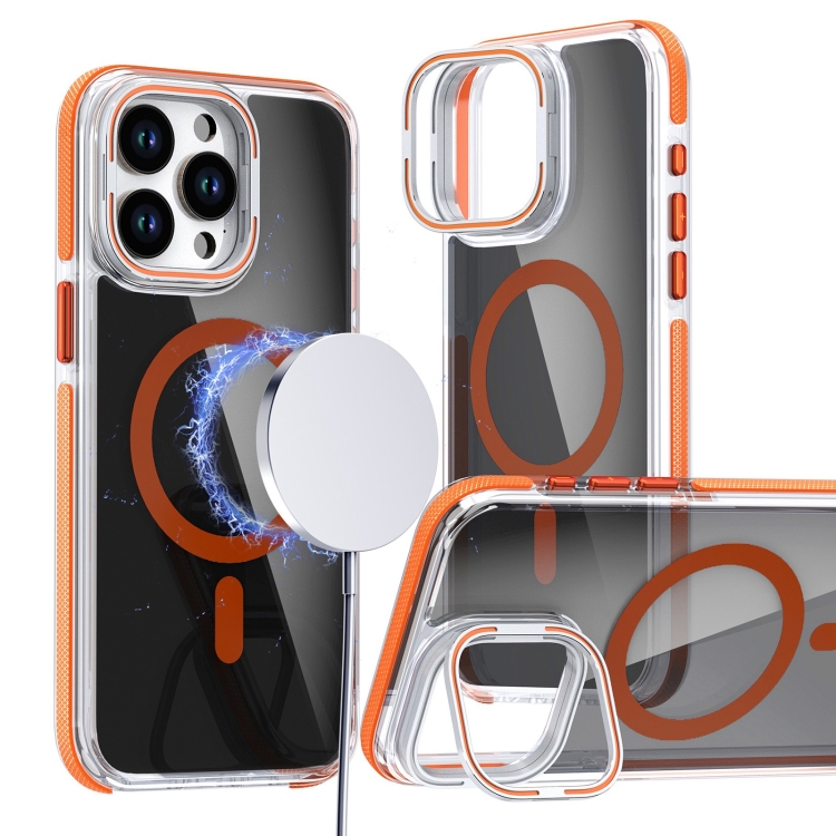 

For iPhone 14 Pro Magsafe Dual-Color Transparent Black Lens Holder Phone Case(Orange)