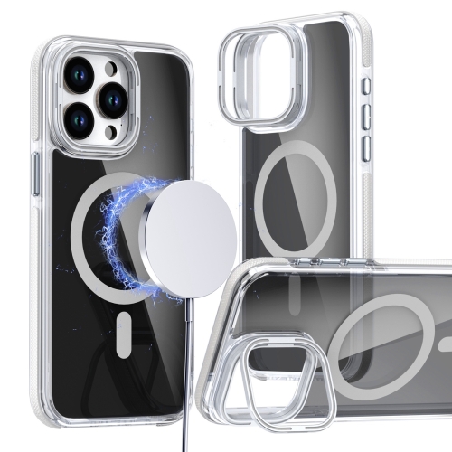 

For iPhone 14 Pro Max Magsafe Dual-Color Transparent Black Lens Holder Phone Case(White)