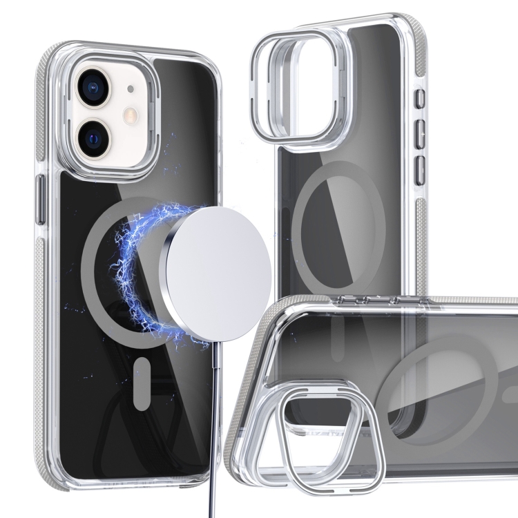 

For iPhone 12 Pro / 12 Magsafe Dual-Color Transparent Black Lens Holder Phone Case(Gray)