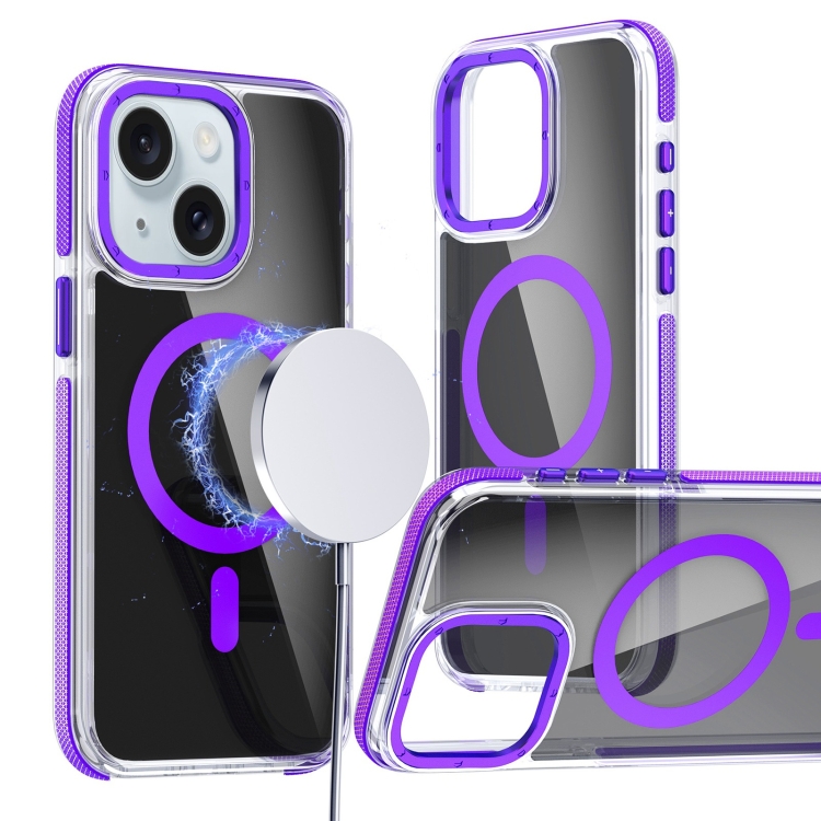 

For iPhone 15 Plus Magsafe Dual-Color Transparent Black Full Coverage Phone Case(Purple)