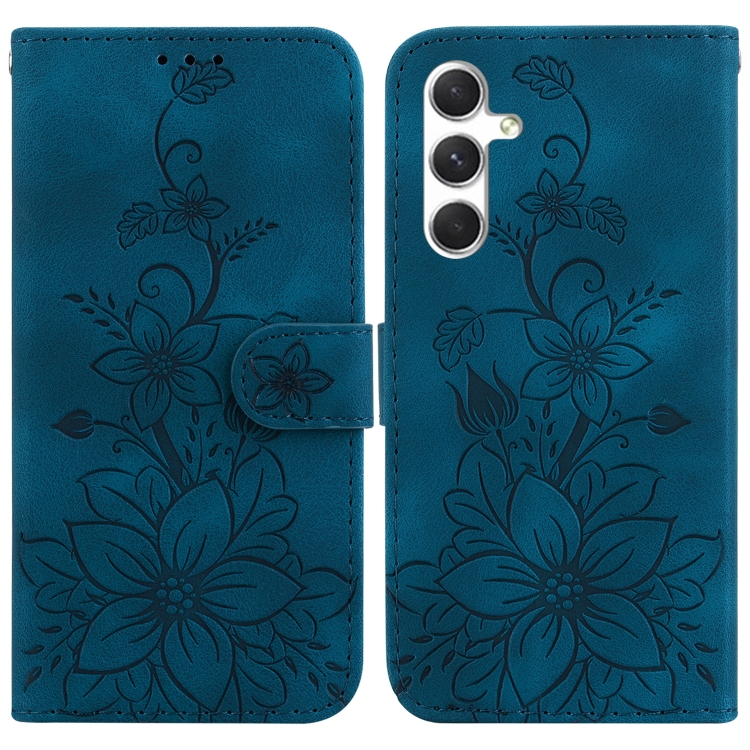 

For Samsung Galaxy S25 5G Lily Embossed Leather Phone Case(Dark Blue)