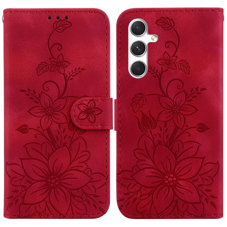 

For Samsung Galaxy S25+ 5G Lily Embossed Leather Phone Case(Red)