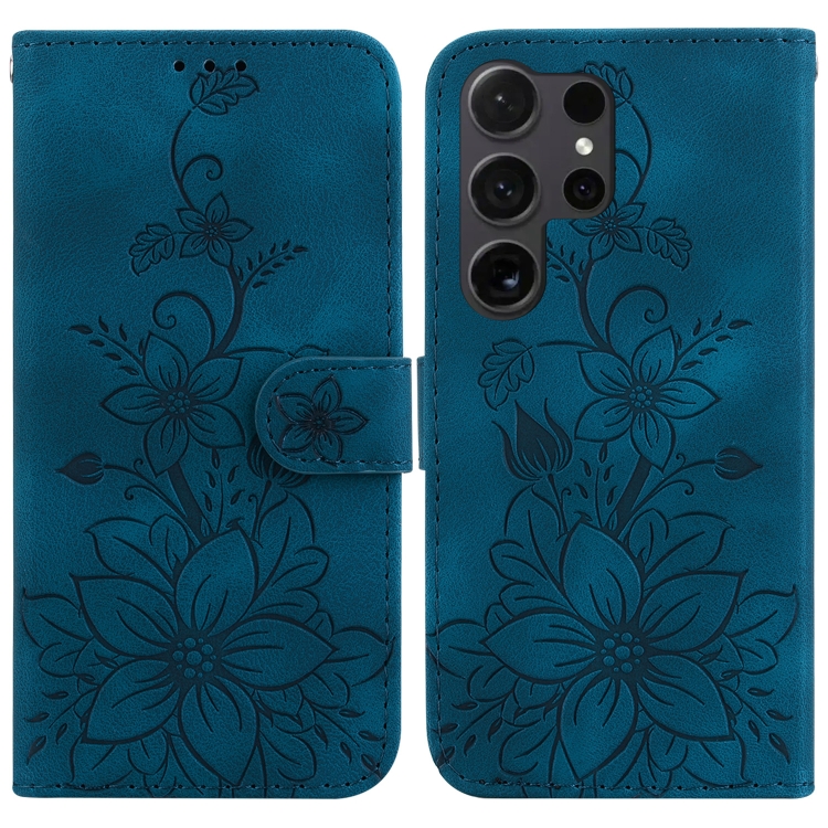 

For Samsung Galaxy S25 Ultra 5G Lily Embossed Leather Phone Case(Dark Blue)