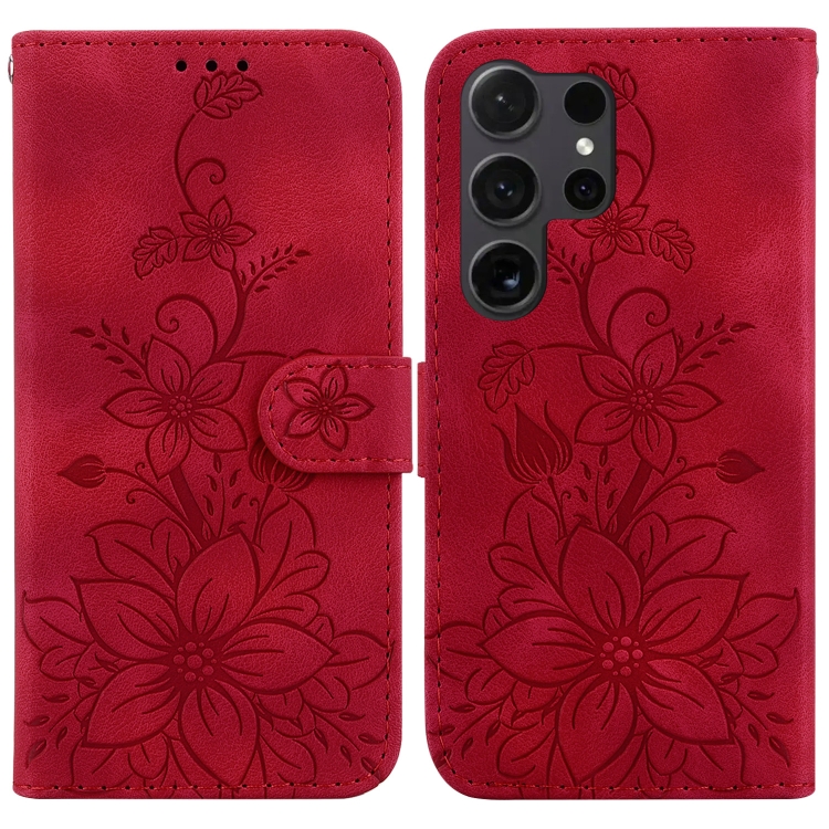 

For Samsung Galaxy S25 Ultra 5G Lily Embossed Leather Phone Case(Red)