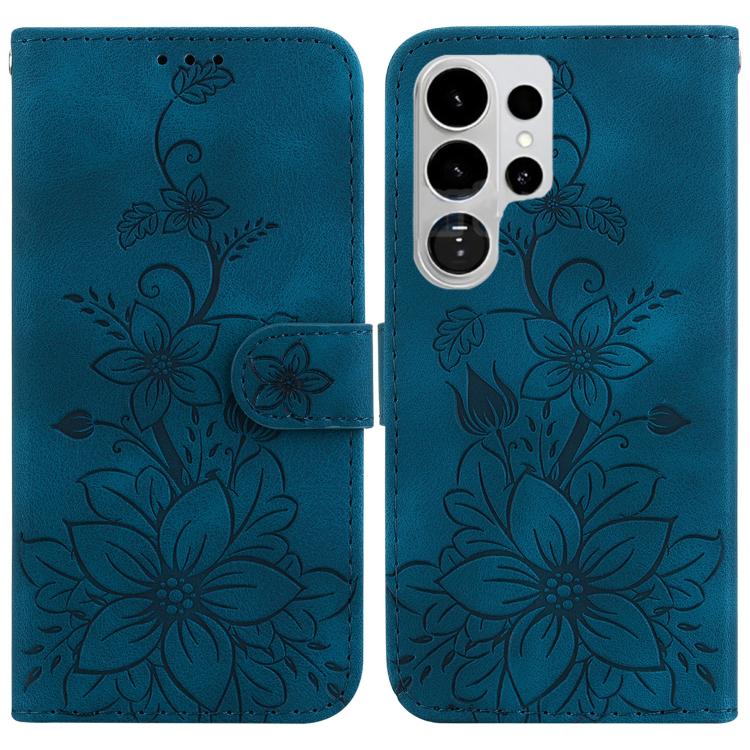 

For Samsung Galaxy S26 Ultra 5G Lily Embossed Leather Phone Case(Dark Blue)
