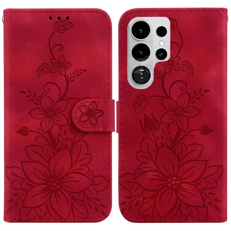 

For Samsung Galaxy S26 Ultra 5G Lily Embossed Leather Phone Case(Red)