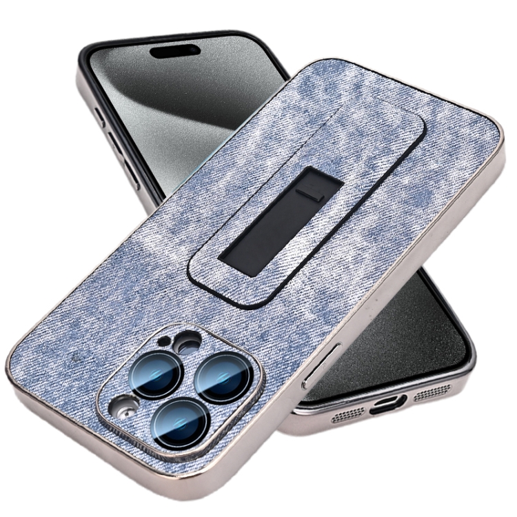 

For iPhone 15 Pro Max Denim Pattern Electroplated Push-pull Bracket Cooling Phone Case(Blue)