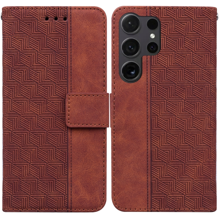 

For Samsung Galaxy S25 Ultra 5G Geometric Embossed Leather Phone Case(Brown)