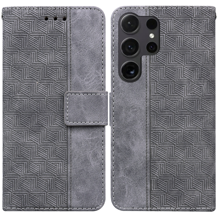 

For Samsung Galaxy S25 Ultra 5G Geometric Embossed Leather Phone Case(Grey)