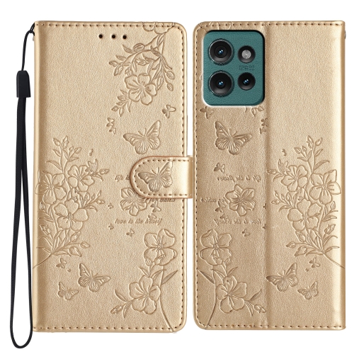 

For Motorola Edge 50 5G Butterflies and Flowers Leather Phone Case(Gold)