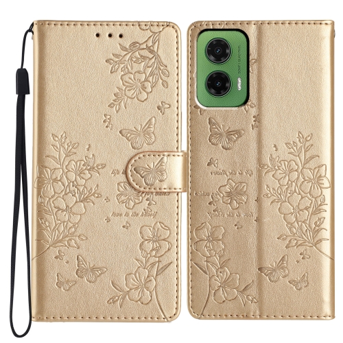 

For Motorola Moto G35 Butterflies and Flowers Leather Phone Case(Gold)