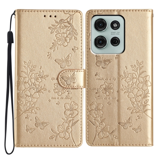 

For Motorola Moto G75 5G Butterflies and Flowers Leather Phone Case(Gold)