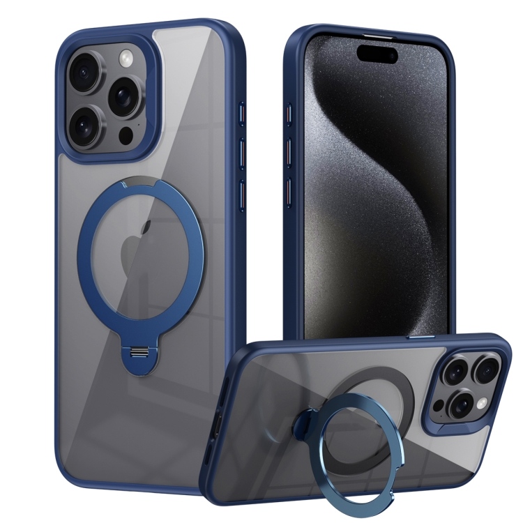 

For iPhone 15 Pro Transparent MagSafe Magnetic Rotating Ring Holder Phone Case(Blue)