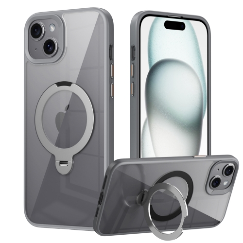 

For iPhone 15 Plus Transparent MagSafe Magnetic Rotating Ring Holder Phone Case(Grey)