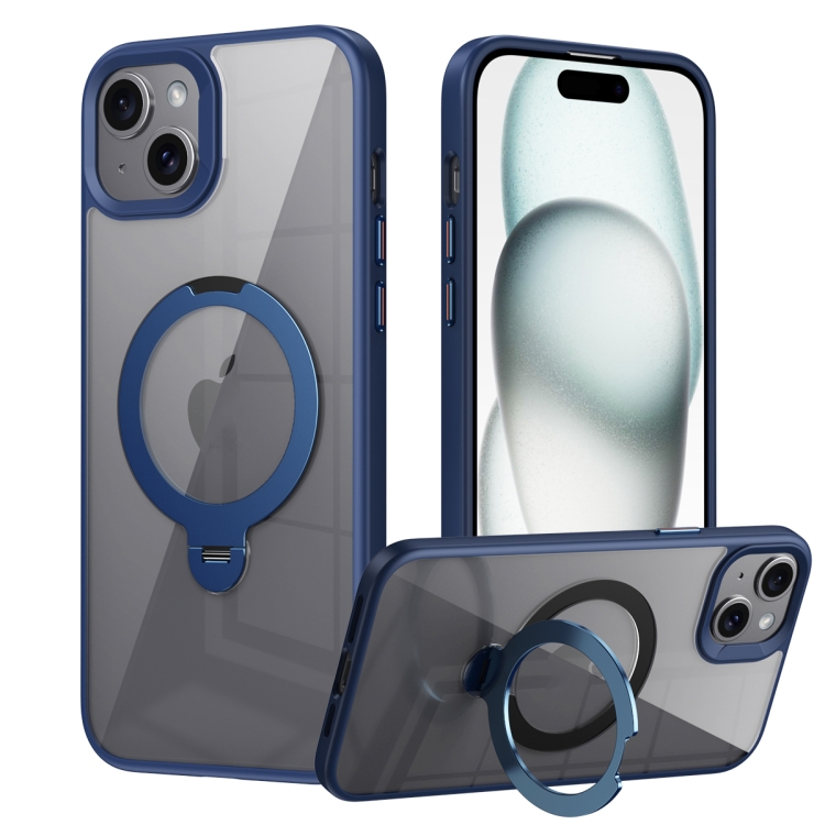 

For iPhone 15 Plus Transparent MagSafe Magnetic Rotating Ring Holder Phone Case(Blue)