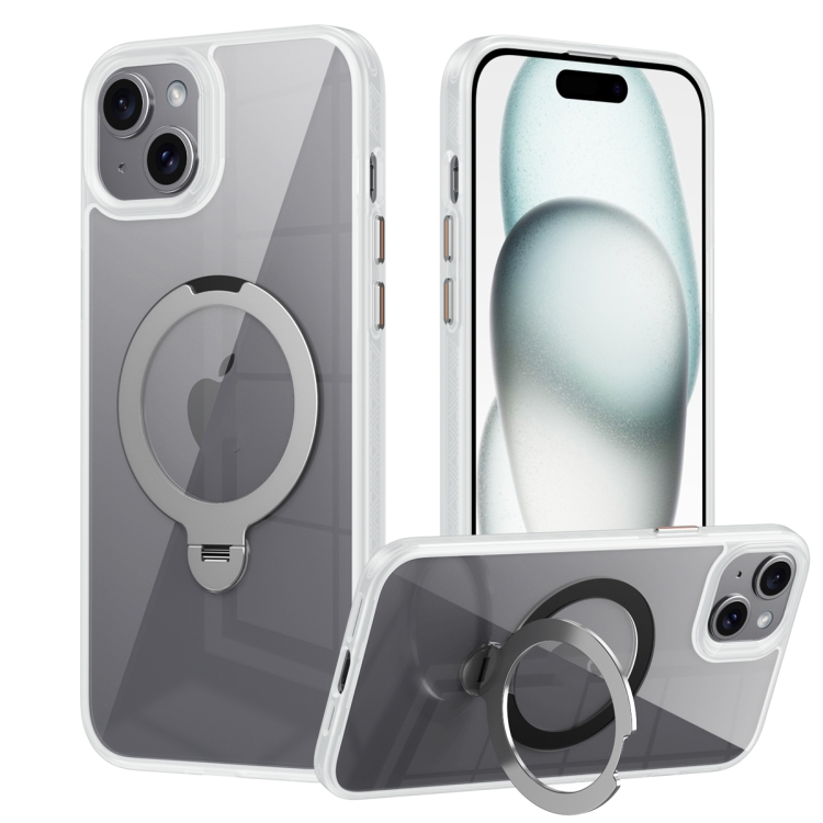 

For iPhone 15 Transparent MagSafe Magnetic Rotating Ring Holder Phone Case(White)