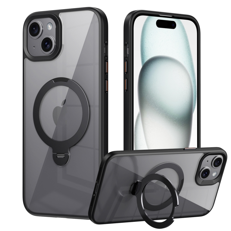 

For iPhone 14 Plus Transparent MagSafe Magnetic Rotating Ring Holder Phone Case(Black)